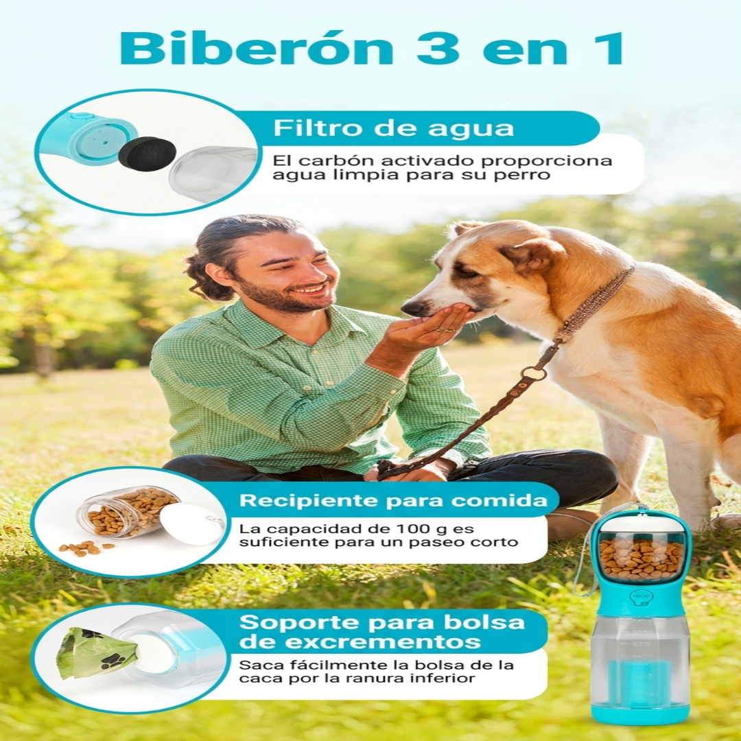 Botella de Agua para Perros 3 en 1